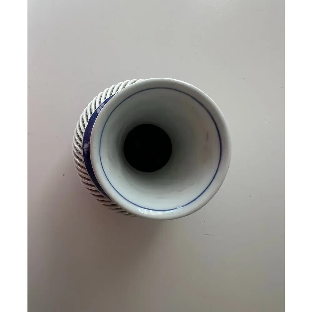 Chinese Porcelain Signed basket weave vase Excellent Perfect Mint Blue White